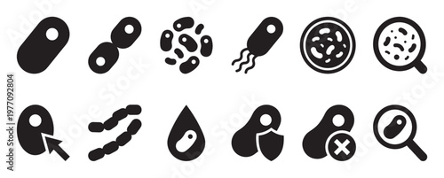 Collection of black and white bacteria and virus icons representing various microbiological concepts and states