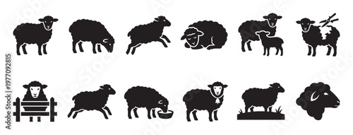 Collection of various black sheep silhouettes depicting different poses and activities in a clean, graphic style