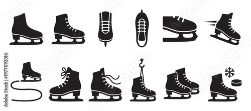 Collection of black ice skate silhouettes in various poses and perspectives, depicting winter sports equipment