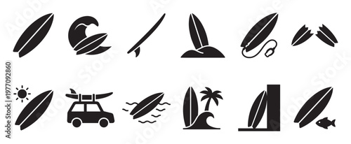 Collection of black surfboard icons depicting various surfing scenarios and beach elements in a simple graphic style