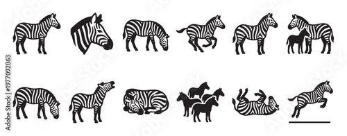 Collection of stylized black and white zebra silhouettes depicting various poses and actions, including standing, grazing, running, and resting