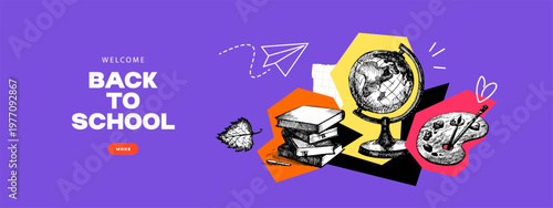 Back to school sketch collage banner. Education poster templates with hand drawn accessories. E-learning design. Vector illustration