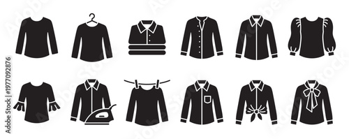 Various black silhouette clothing icons depicting shirts, blouses, and laundry activities, presented in a clean, graphic style