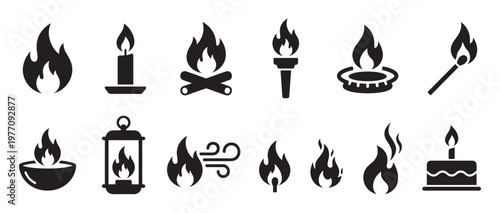 Various black fire and flame icons are neatly arranged in two rows, illustrating different forms of burning elements and heat sources