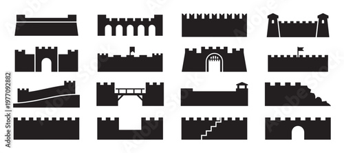 Various black castle wall and fortress icons are displayed in a grid, showcasing different architectural elements and designs