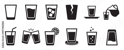 Various black silhouette glass icons illustrate different states of drinking vessels, including empty, full, broken, and garnished