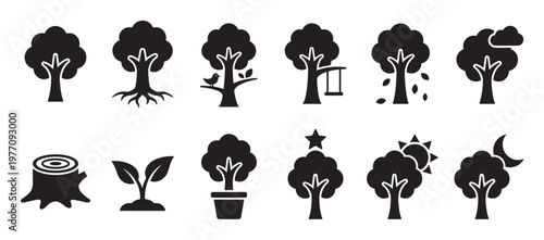 Various black tree icons illustrating nature, growth, seasons, and environmental concepts in a simple graphic style