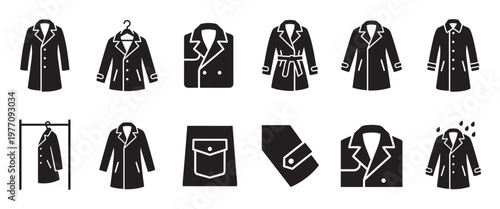 Various black trench coat and overcoat icons are neatly arranged in a grid, showcasing different styles and details in a clean, graphic illustration