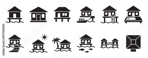 Collection of black silhouette overwater bungalow icons depicting various styles and features, presented in a clean, graphic vector illustration