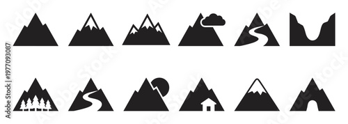 Collection of black mountain icons with various natural elements like snow, clouds, sun, trees, roads, and a house