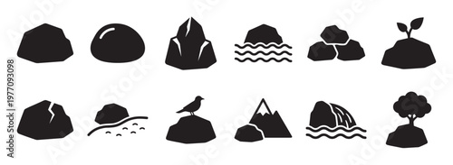 Collection of twelve diverse black rock and stone icons, including a cracked rock, a bird on a rock, and a tree on a rock, presented in a simple, graphic style