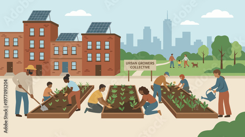 Urban Gardening Collective: A vibrant scene of a diverse community coming together to cultivate a flourishing urban garden, fostering sustainability and connection amidst a cityscape.