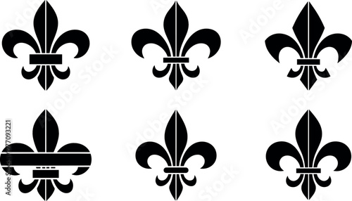Set of Black Fleur-de-lis Icons with Stylized Designs for Heraldic, Vintage, and Luxury Decorative Projects