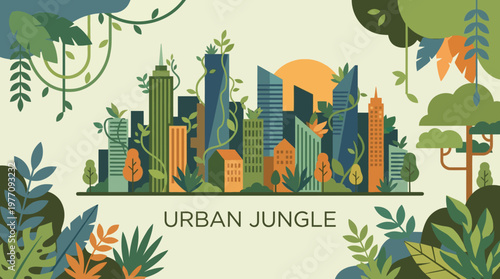 Urban Jungle: Illustration of a city skyline merging with vibrant flora, showcasing the concept of urban environments intertwined with nature, and the growth of green initiatives in the city.