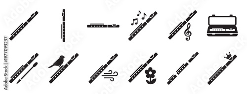 Collection of black silhouette flute icons in various orientations and contexts, including music notes, a case, and a bird