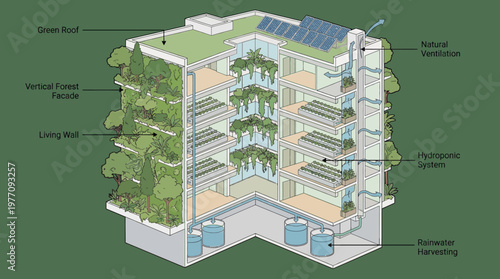 Sustainable Living Architecture: A detailed architectural diagram showcases a modern building integrated with eco-friendly design elements, emphasizing sustainability and environmental consciousness.