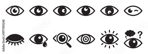Collection of various black and white eye icons depicting different states of vision, emotion, and perception in a clean, graphic style