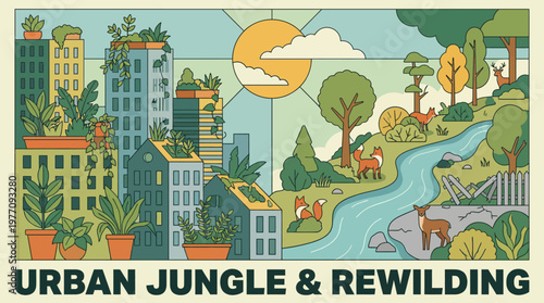 Urban Jungle & Rewilding: A vibrant illustration showcasing the harmony of urban life merging with the untamed beauty of nature.
