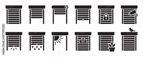 Black silhouette roller shutter icons illustrate various states and functions, including open, closed, locked, and security camera