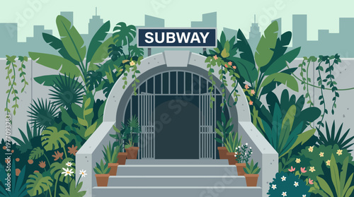 Subway entrance decorated with plants : A whimsical scene of a subway entrance transformed by vibrant greenery. A fusion of urban transit and natural beauty. This image evokes feelings of harmony.