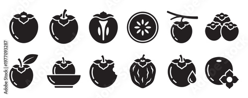 Various black silhouette persimmon fruit icons are neatly arranged, depicting whole, sliced, and bitten fruits with leaves and stems