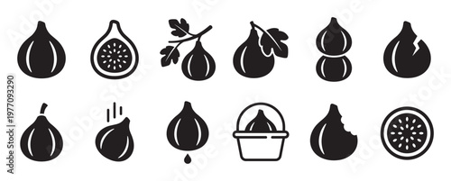 Various black fig icons are arranged in two rows, showcasing whole, sliced, and bitten fruits in a clean, graphic style