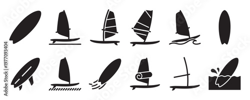 Collection of black silhouette surfboards and windsurfing boards in various dynamic poses and styles
