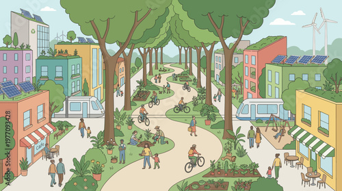 A Vision of Green Community: A vibrant illustration depicts a thriving green community, showcasing eco-friendly initiatives and harmonious living amidst nature's embrace.