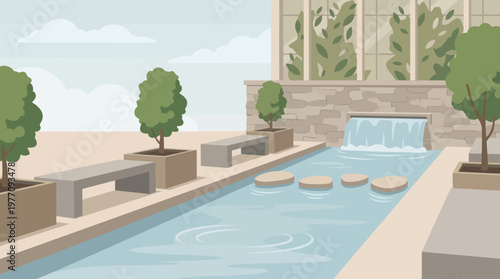 Serene Landscape Oasis: An artfully crafted illustration showcases a tranquil urban oasis, featuring a flowing water feature, manicured greenery, and sleek architectural elements.