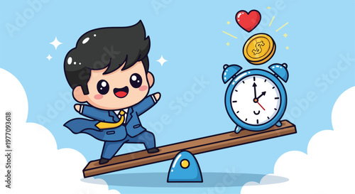 Cute cartoon boy dressed as a superhero balancing on a seesaw with a clock and a coin with a heart above his head