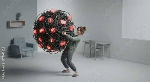 Stressed woman carrying a huge tangled ball of cables and digital icons, concept of information overload and social media burnout.