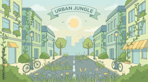 Urban Jungle Illustration: A whimsical illustration captures a unique blend of urban elements interwoven with thriving nature. Plants gracefully reclaim the cityscape, as the sun shines.
