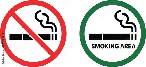 No smoking area sign set, smoking ban and allowed area icons with red and green symbols representing prohibition and safety regulation signage.