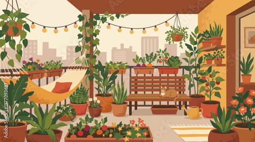 Urban Oasis: A charming balcony garden flourishes with an array of potted plants, creating a serene retreat amidst the city, complete with a hammock, string lights, and a cityscape backdrop.