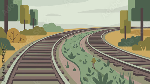 Navigating the Tracks: A lone individual traverses a railway track with a scenic background. Depicting a scene of journey, and contemplation.