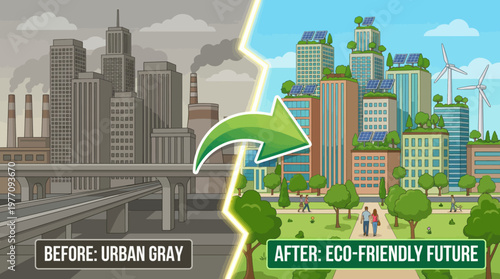 Urban Transformation: A visual narrative comparing the gray, polluted cityscape of the past with a vibrant, eco-friendly urban future. Showcasing a transition towards sustainable cityscapes.