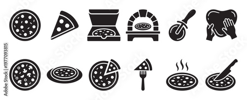 Collection of black pizza related icons, including whole pizzas, slices, a delivery box, an oven, a cutter, and hands kneading dough, presented as a graphic design element