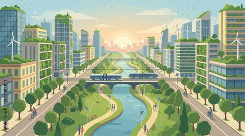 Eco-City: Depicting a vision of the future, a vibrant city seamlessly blends nature and urban development, showcasing a commitment to sustainability and green living.