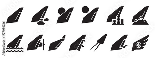 Collection of black airplane tail fin icons with various travel and destination symbols, presented in a clean, modern vector style
