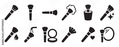 Collection of black makeup brush icons in various styles, depicting beauty, hygiene, and application processes