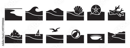Collection of black and white beach and ocean icons, including waves, sand, shells, coral, and a seagull, presented in a minimalist style