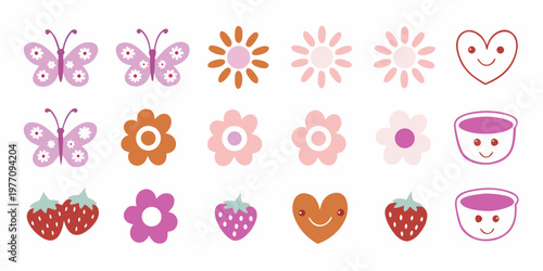 Colorful illustrations of butterflies flowers fruits and cute objects