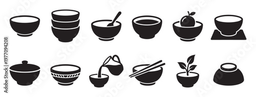 Collection of various black silhouette bowls and cups, some with contents like fruit, liquid, or chopsticks, presented in a clean, graphic style