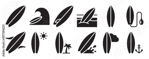 Collection of black surfboard icons depicting various surfing scenarios and related beach elements in a clean, graphic style