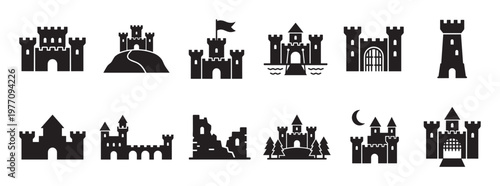 Collection of various black silhouette castle icons, featuring different architectural styles and settings, presented in a clean graphic design