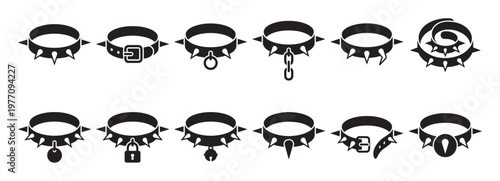 Collection of black spiked collars with various attachments, including buckles, rings, chains, bells, and padlocks, presented as simple vector icons