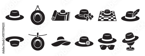 Various black silhouette hat icons are arranged in two rows, showcasing different styles and accessories in a clean, graphic illustration