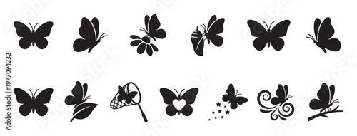 Various black butterfly silhouettes are depicted in different poses and interactions, creating a versatile collection of insect icons