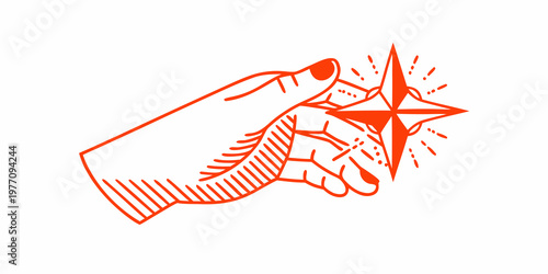 A hand delicately holds a vibrant stylized compass illustration
