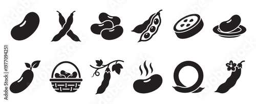 Collection of black silhouette bean and pea icons, depicting various forms like pods, seeds, and plants, presented in a clean, graphic style
